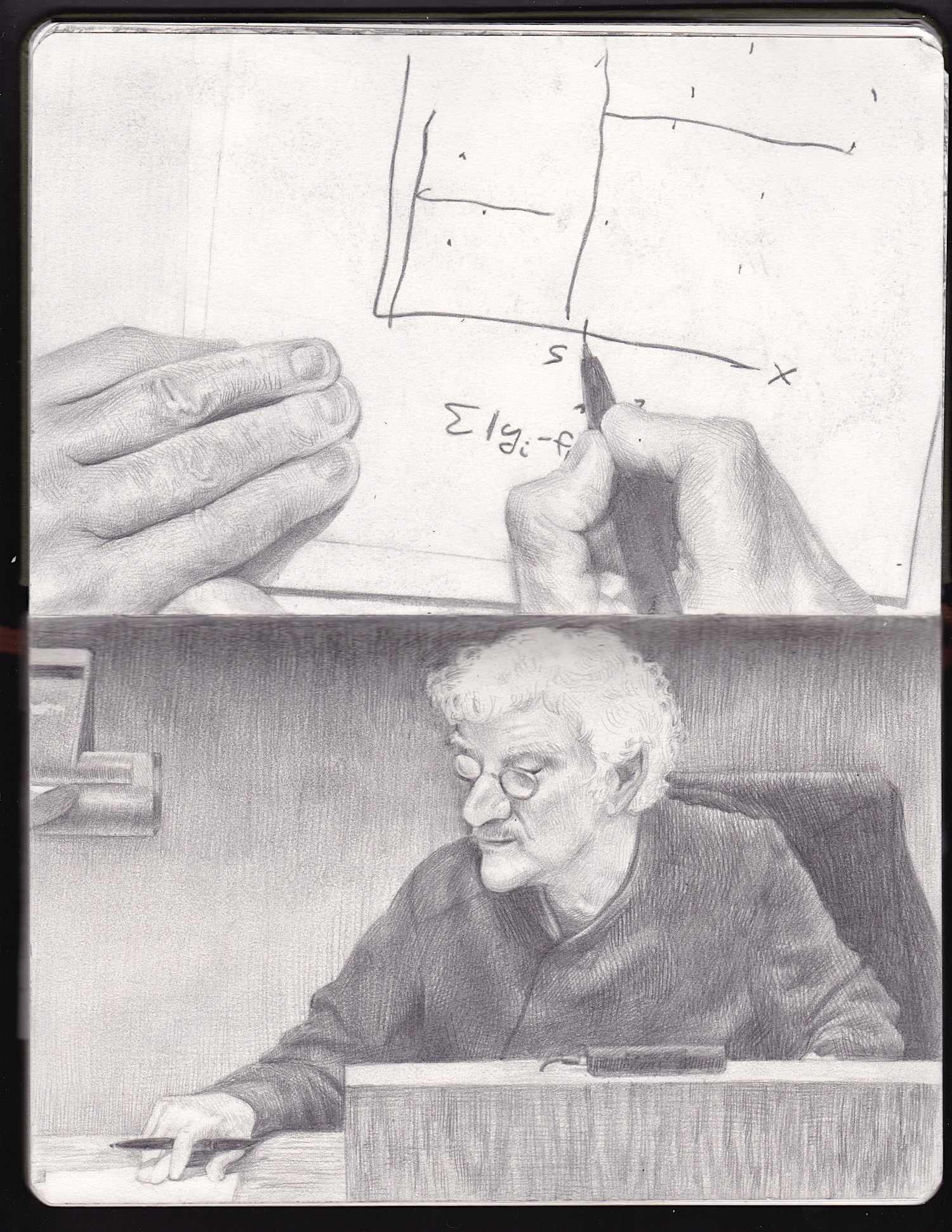 A pencil drawing in a sketchbook. The upper panel has hands drawing a diagram. The lower panel shows a man adjusting a paper beneath a projector.