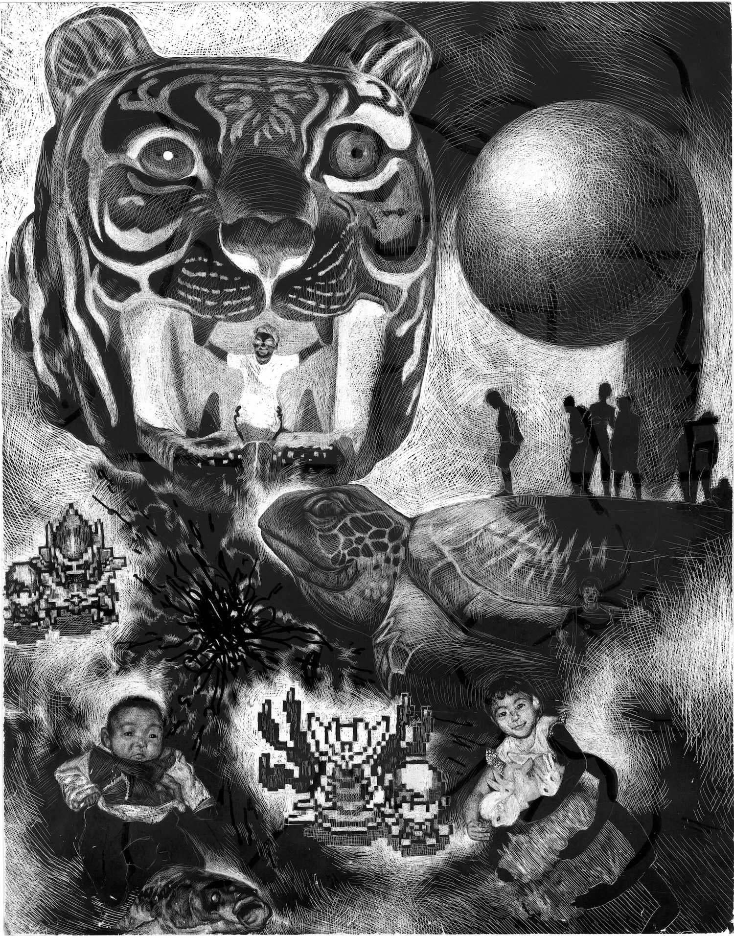 A scratchboard with many subjects, including a baby riding a fish, Pokemon, a woman in a tiger's mouth, and people standing on a giant turtle.