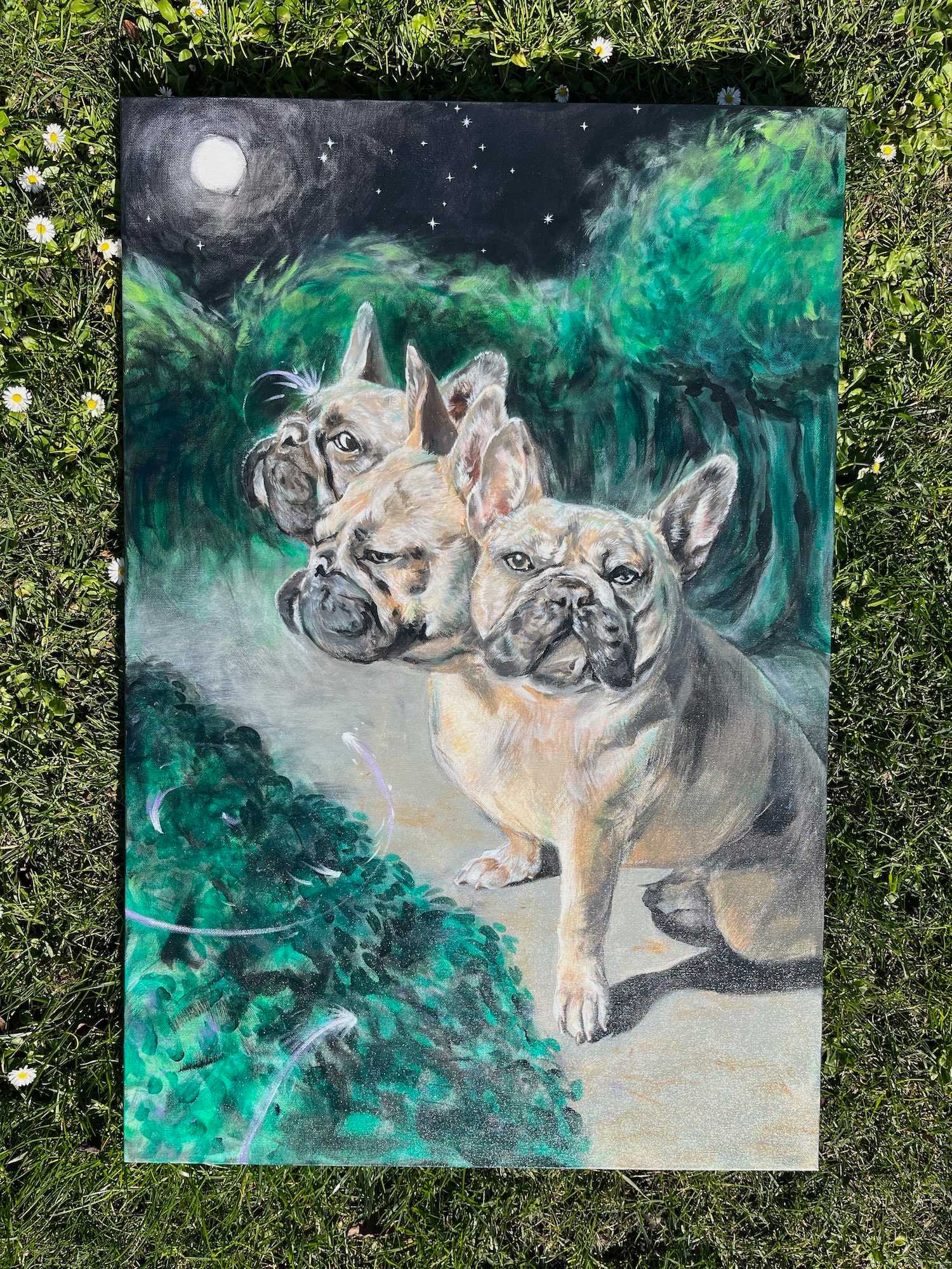 A painting of a three-headed French bulldog in a forest.